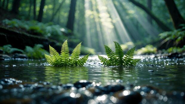 Fern Fronds Emerging From Stream with Sunlight in Misty Forest photo
