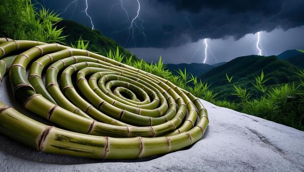 Bamboo Spiral on Rock with Distant Lightning Storm in Background photo
