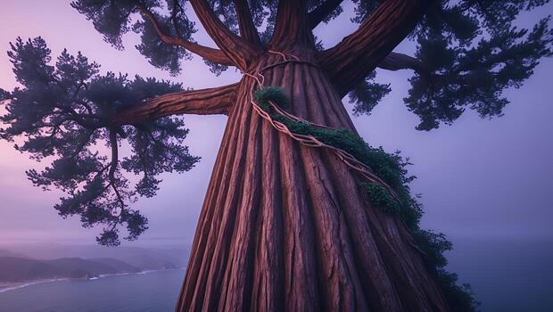 Towering Tree with Vines Overlooking Ocean Coastline at Dusk photo