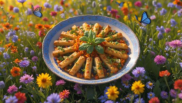 Spring Rolls on Plate Surrounded by Colorful Flowers in Sunlit Meadow photo