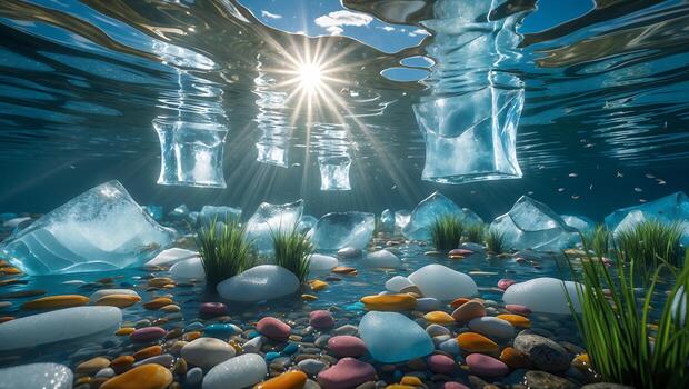 Underwater Scene with Ice Blocks, Pebbles, and Sunlight Streaming Through photo