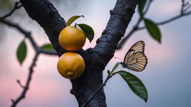 Butterfly on Leaf Near Oranges Hanging From Tree Branch at Dusk photo