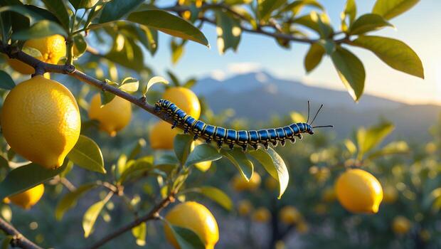 oruga gateando en limón árbol rama en un agrios arboleda foto