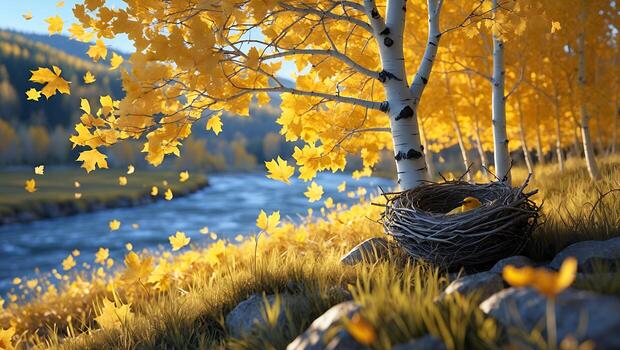 Autumn Leaves Falling by River with Bird Nest Underneath Tree photo