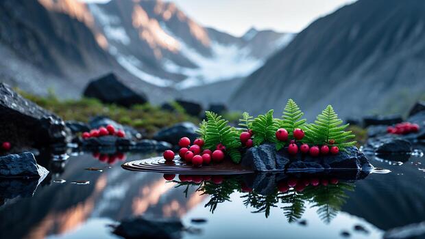 Red Berries and Ferns on Rock Reflected in Mountain Pond photo