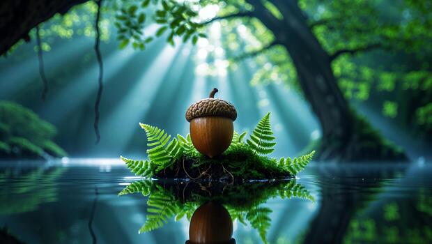 Acorn Floating on Moss with Ferns in Forest Pond Reflection photo
