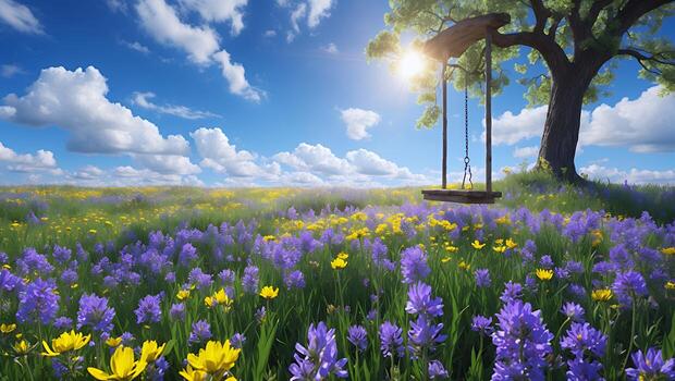 Swing on Tree in Flower Field on Sunny Day with Clouds photo