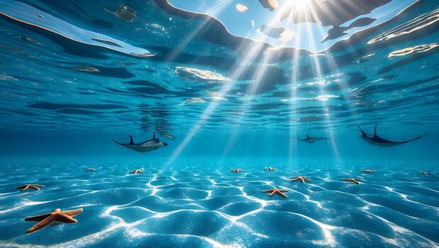 Underwater Scene with Stingrays Starfish and Sunlight Rays Shining Through photo