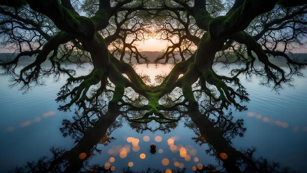 Tree Reflection in Calm Lake Water at Sunset with Bokeh photo