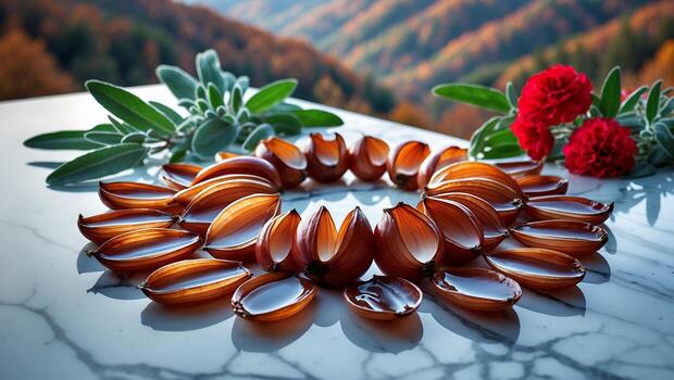 Arrangement of Onion Slices with Sage and Flowers on Marble Surface photo