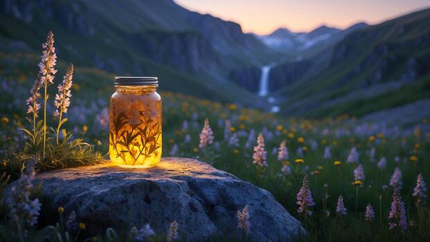 Glowing Jar on Rock in Meadow with Mountain Waterfall Backdrop photo