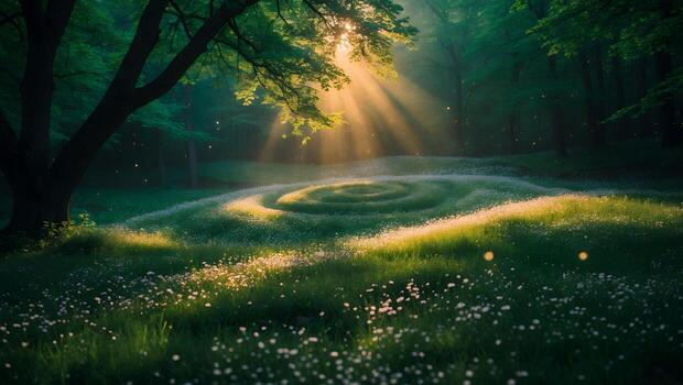 Sunlight Streaming Through Forest with Swirling Flowers and Green Meadow photo