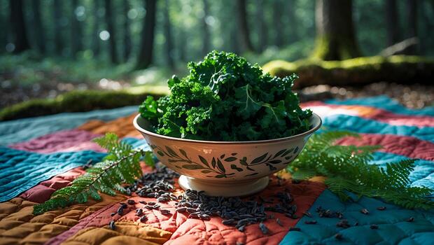 Fresh Kale in Bowl on Quilt in Forest Setting Scene photo