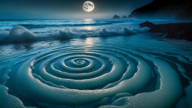 Circular Foam Pattern on Beach at Night Under a Full Moon photo