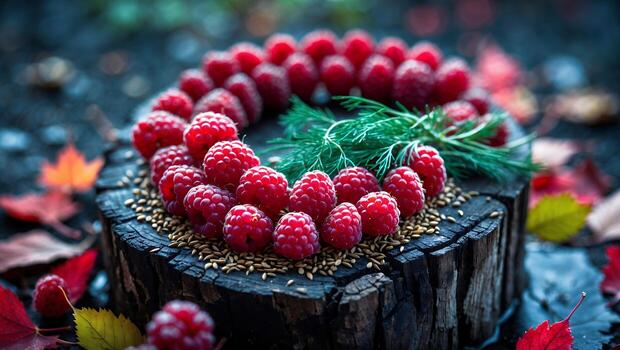 Arranging Fresh Raspberries on Wood Stump with Dill and Seeds photo