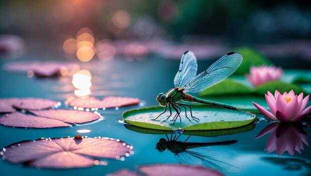 Dragonfly Resting on Lily Pad at Dusk on Water Surface photo