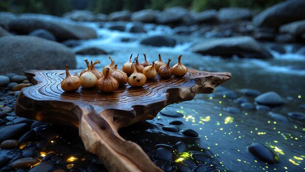 Display of Small Onions on Wooden Slab by Flowing River Water photo