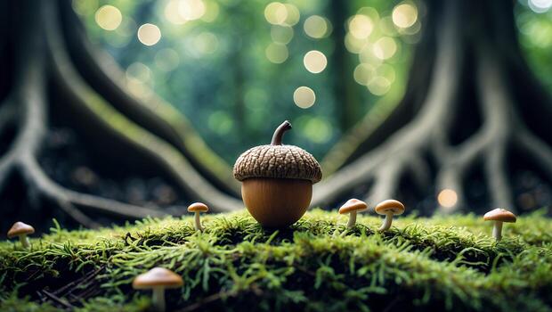 Acorn and Mushrooms on Moss in Forest with Blurred Background photo
