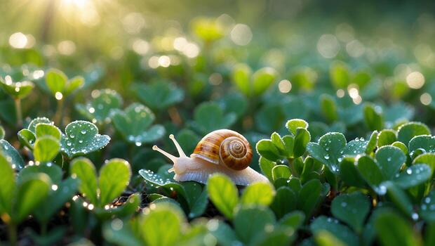 Snail Crawling on Lush Greenery with Dew Drops and Sunlit Glow photo