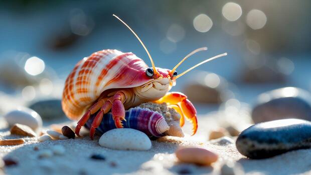 Hermit Crab Crawling on Sandy Beach with Colorful Seashell Home photo