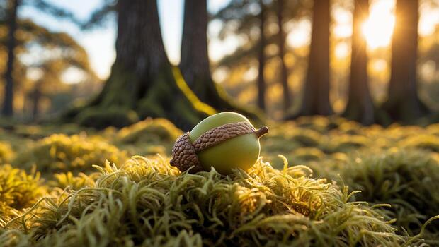 Acorn Resting on Mossy Forest Floor with Sunlight Shining Through Trees photo