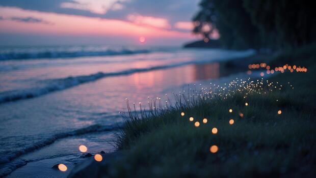 Beach at Dusk with Glowing Lights and Calm Ocean Waves photo