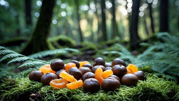 Arrangement of Chestnuts and Orange Segments on Moss in Forest photo