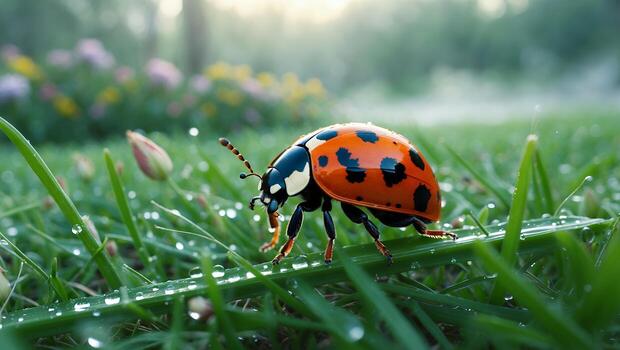 mariquita caminando en césped cubierto en Rocío en un jardín foto