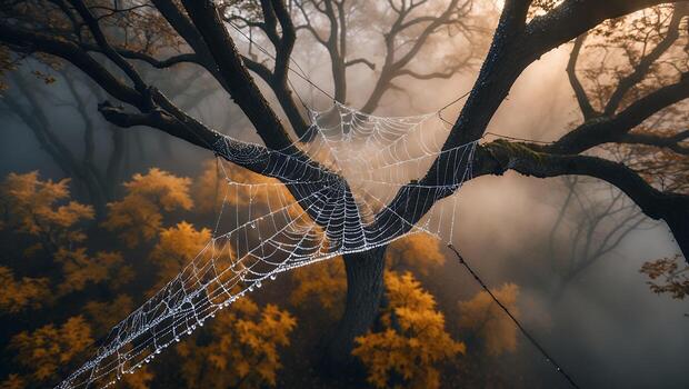 Spiderweb Covered with Dew on Branch in Foggy Woodland photo