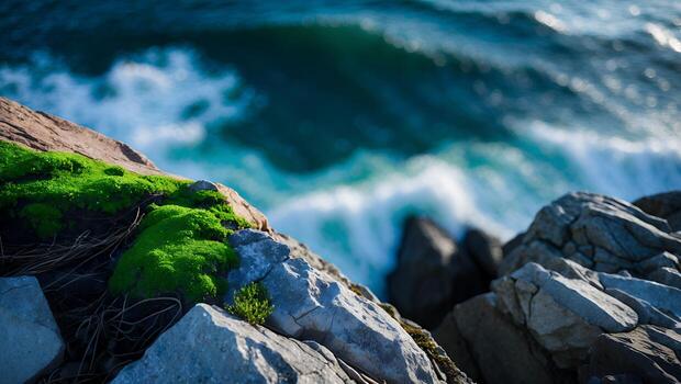Rocks with Green Moss Overlooking Crashing Ocean Waves on Sunny Day photo