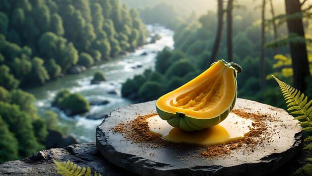 Squash Slice on Stone Slab Overlooking River in Lush Forest photo