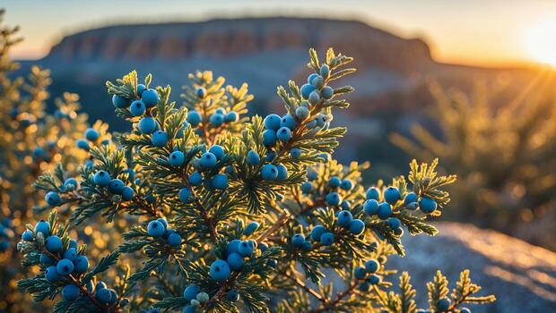 Juniper Berry Bush Shines at Sunset with Desert Mountain Backdrop photo