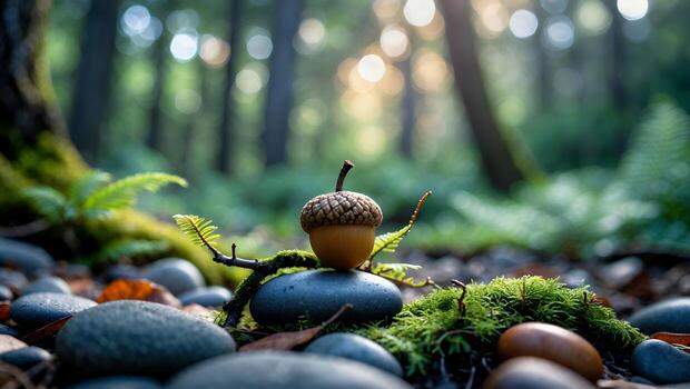 Acorn Resting on Stone in Forest with Moss and Ferns photo