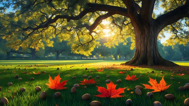 Autumn Leaves and Acorns Scattered on Lawn Under Large Tree photo