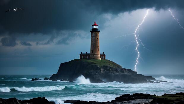 Lighthouse Stands Tall Amidst Stormy Seas with Lightning Strike photo