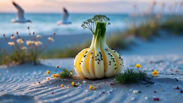 Spring Onion Still Life on Sandy Beach with Ocean Backdrop photo