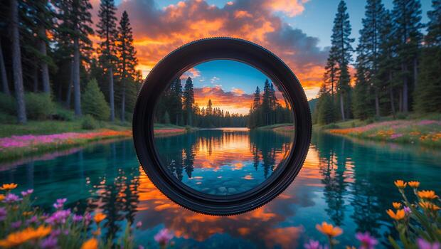 Lake Reflection Through Camera Lens at Sunset with Colorful Sky photo