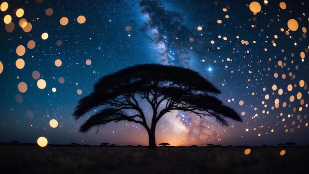 Observing Milky Way Above Silhouette Tree with Bokeh Lights Effect photo