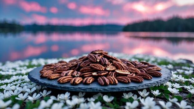 Pile of Pecan Nuts on a Slate Plate with Lake Background photo