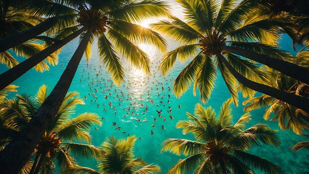 Palm Trees Framing Glistening Ocean with Birds and Sunlight View photo