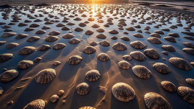 Seashells on Sand at Low Tide with Sunlight Reflection Pattern photo