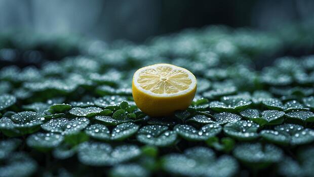 Half Lemon Resting on Clover with Water Droplets in Garden photo