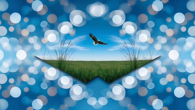 Eagle Soaring Over Green Field on Blue Bokeh Background Overlay photo