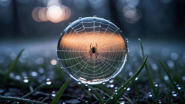 Spider on Dewy Web Reflecting Golden Light in a Grassy Field photo