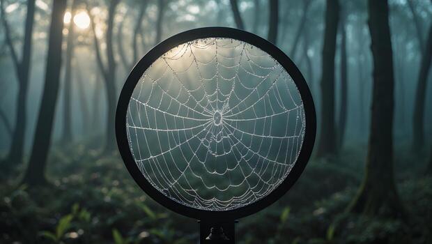 Spiderweb in Round Frame with Morning Dew in a Misty Forest photo