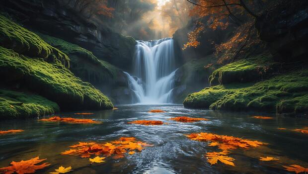Waterfall Flowing Into Stream with Autumn Leaves and Mossy Rocks photo