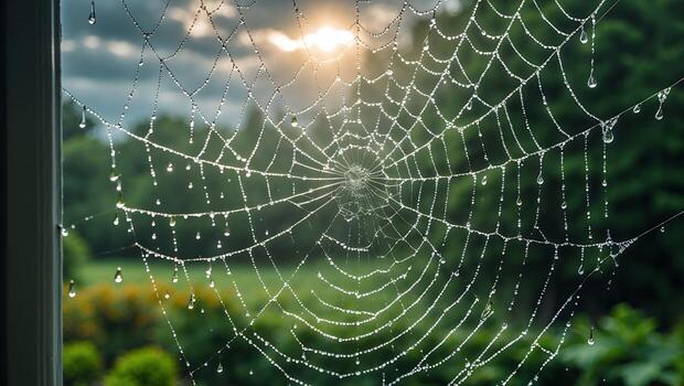 Spiderweb Covered in Dew Drops Glitters in the Morning Light photo