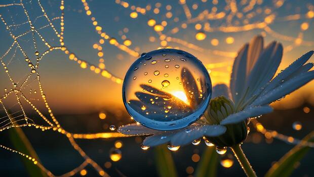 Capturing Sunrise a Crystal Ball on Daisy with Dewy Cobweb photo