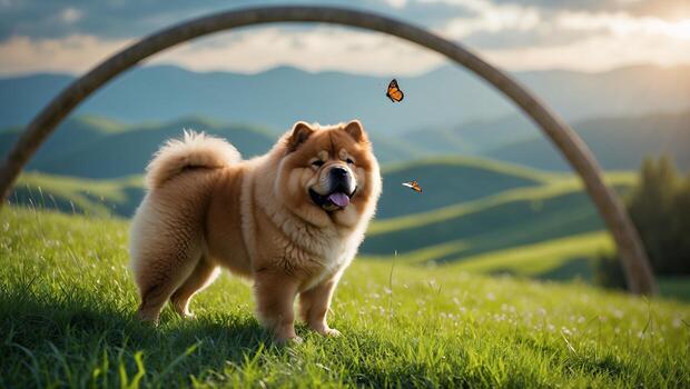 Fluffy Chow Dog Standing in Meadow with Butterflies and Hills photo