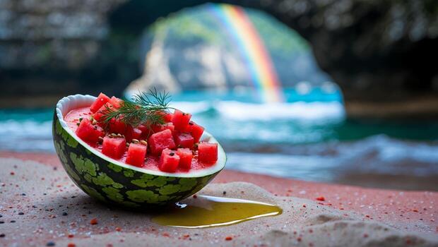 Watermelon Delight on Sandy Beach with Rainbow and Ocean Backdrop photo